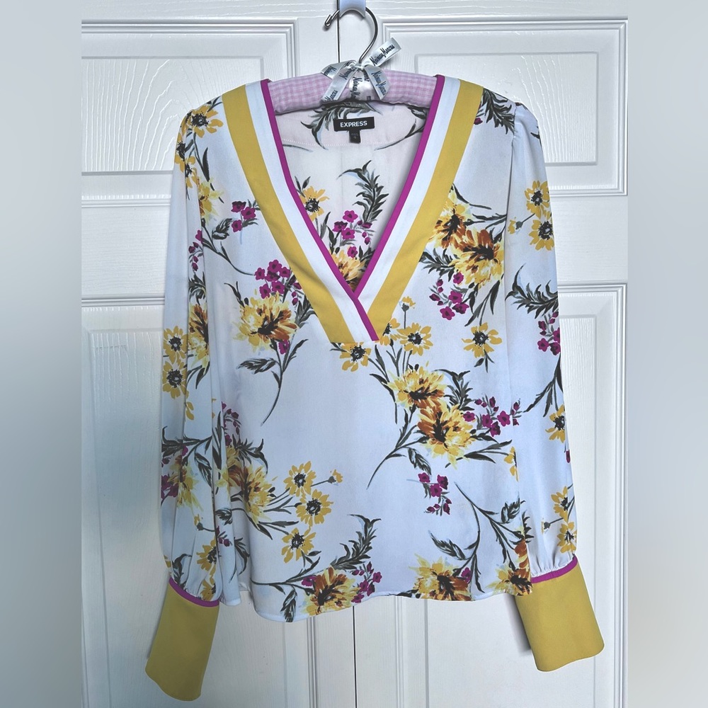 Express Yellow & Hot Pink Floral Print Long Sleeve V-Neck Blouse-Size S